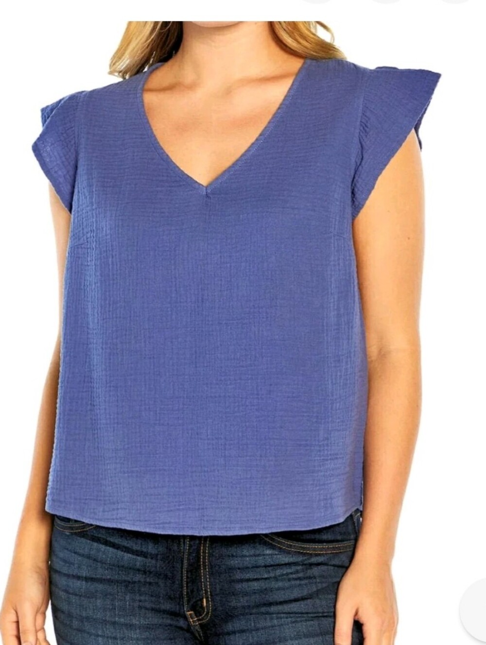 NWY Three Dots Periwinkle V-Neck Cotton Gauze Women's Top